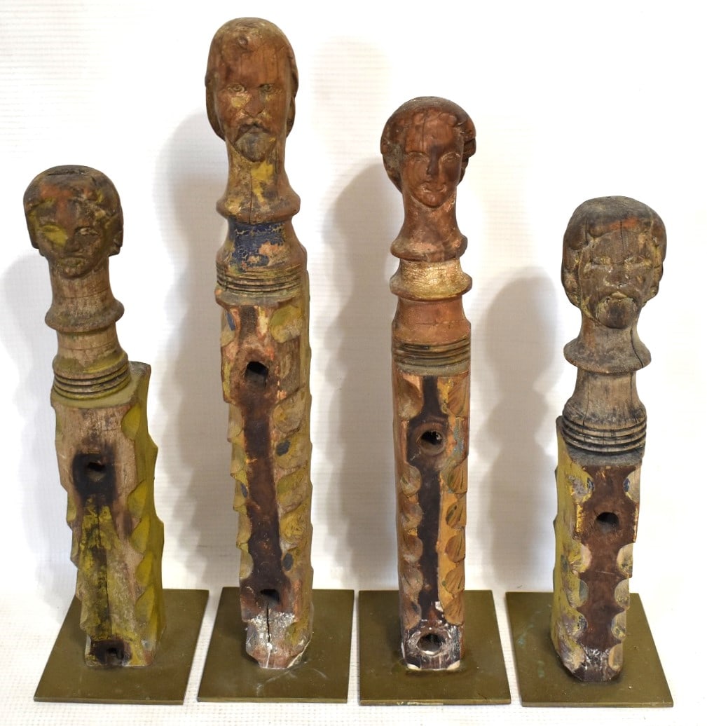 LOT (4) EARLY CARVED/POLYCHROME F/ART FIGURAL HAND RAIL (1 of 9)