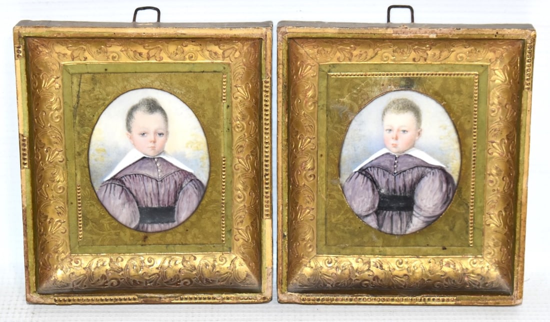 PR FOLK ART H/P MINI PAINTINGS BROTHERS JULES & EUGENE: PAIR FOLK ART H/P MINIATURE PUFFY SLEEVE PAINTINGS BROTHERS JULES & EUGENE, C. 1824, 5" X 4"