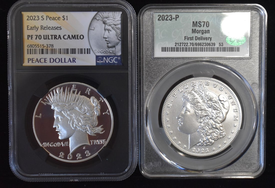LOT(2) 2023 MORGAN SILVER DOL. 1ST DEL/CAMEO MS/PROOF70: LOT (2) 2023 MORGAN SILVER DOLLARS FIRST DEL./CAMEO MS/PROOF 70