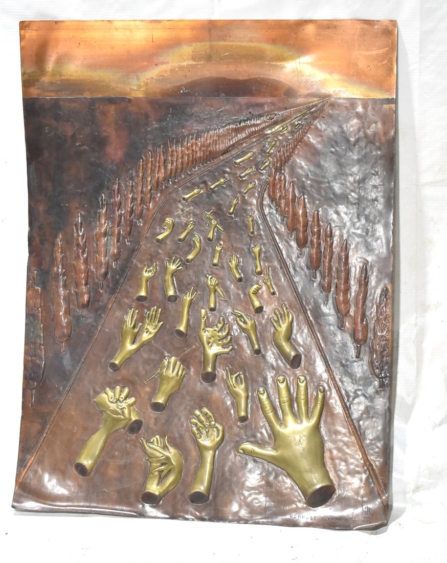 SURREALIST COPPER REPOSE PANEL TITLED HOMMAGE A.: SURREALIST COPPER REPOSE PANEL TITLED HOMMAGE A. DALI #14 0391 MONOGRAMMED TN, C. 1970, 39" X 29 1/2"