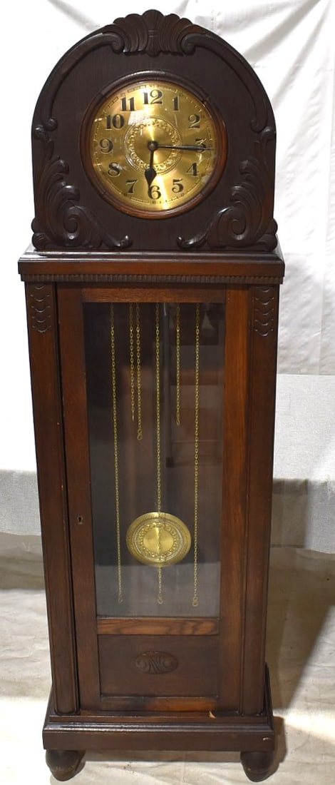 RENAISSANCE STYLE CARVED OAK TALL CASE CLOCK, C. 1930 (1 of 9)