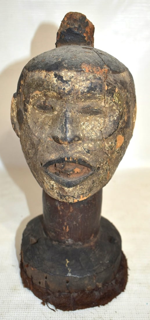 AFRICA CARVED/PAINTED HEADDRESS GLASS EYES/COWRIE SHELL: AFRICA CARVED/PAINTED HEADDRESS GLASS EYES/COWRIE SHELL TEETH, 19TH C., H. 13 1/2"