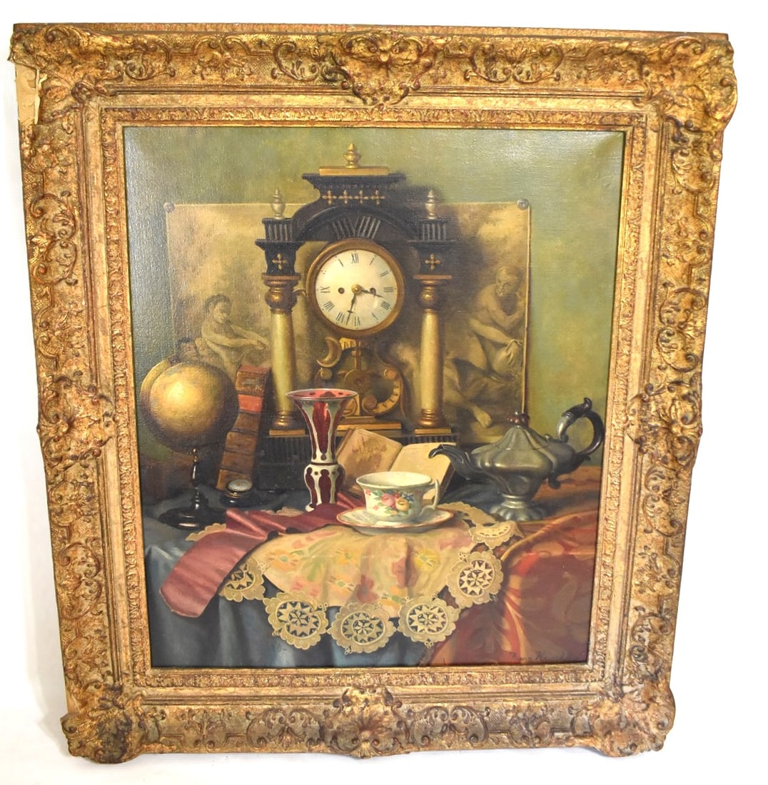 O/C STILL LIFE W/CLOCK SIGNED FRANZ KRISCHKE: O/C STILL LIFE W/CLOCK SIGNED FRANZ KRISCHKE (1885-1960 VIENNA) 1940/50'S, SIGHT 24" X 20", OVERALL 32" X 27"
