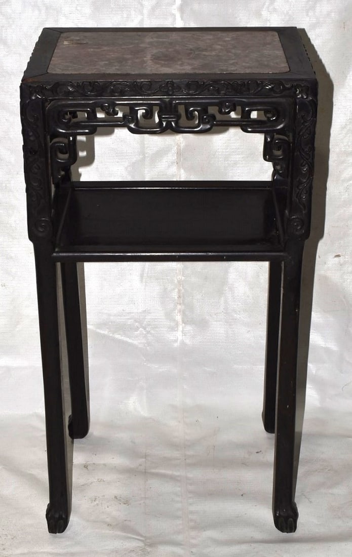 CHINESE CARVEDTEAKWOOD FERN STAND W/MARBLE INSERT (1 of 4)