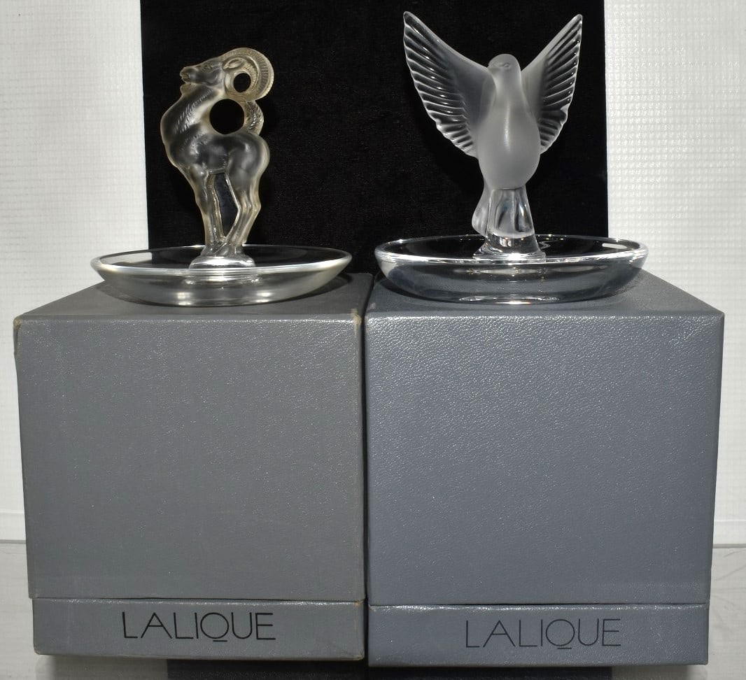 LOT (2) LALIQUE FROSTED ART GLASS DRESSER RING STANDS (1 of 7)
