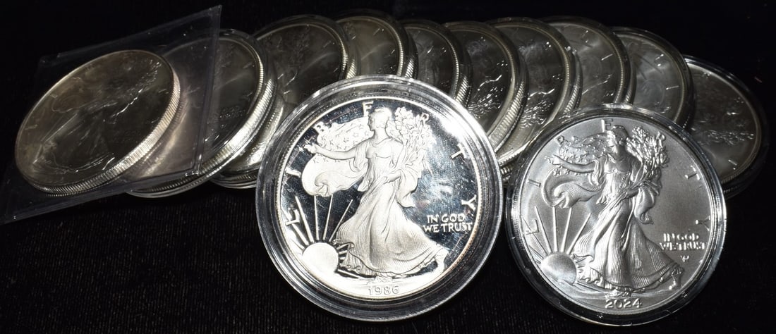 LOT (12) U.S. SILVER EAGLES 12 OZ 999 FINE MIXED DATES: LOT (12) U.S. SILVER EAGLES 12 OZ 999 FINE MIXED DATES
