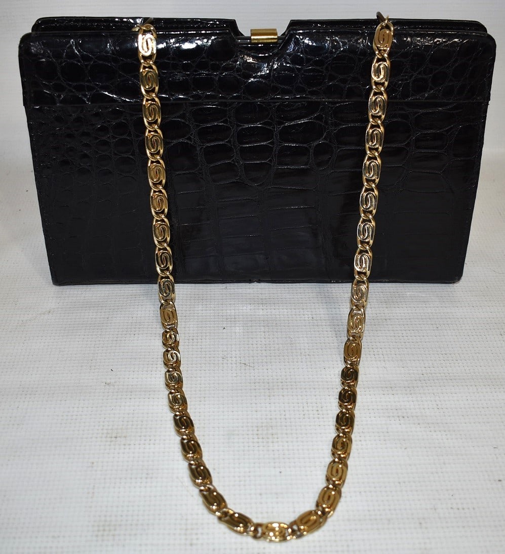 VINT. "VASSAR" GEN. ALLIGATOR BLACK LEATHER H/BAG (1 of 5)