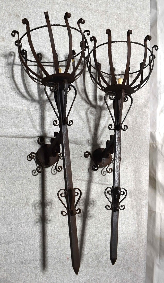 PAIR RENAISSANCE STYLE WROUGHT IRON SCONCES, 19TH C. (1 of 6)