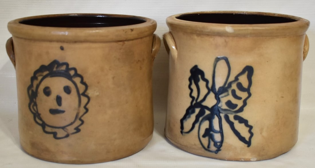 LOT (2) COUNTRY SALT GLAZED STONEWARE CROCKS W/BLUE (1 of 11)