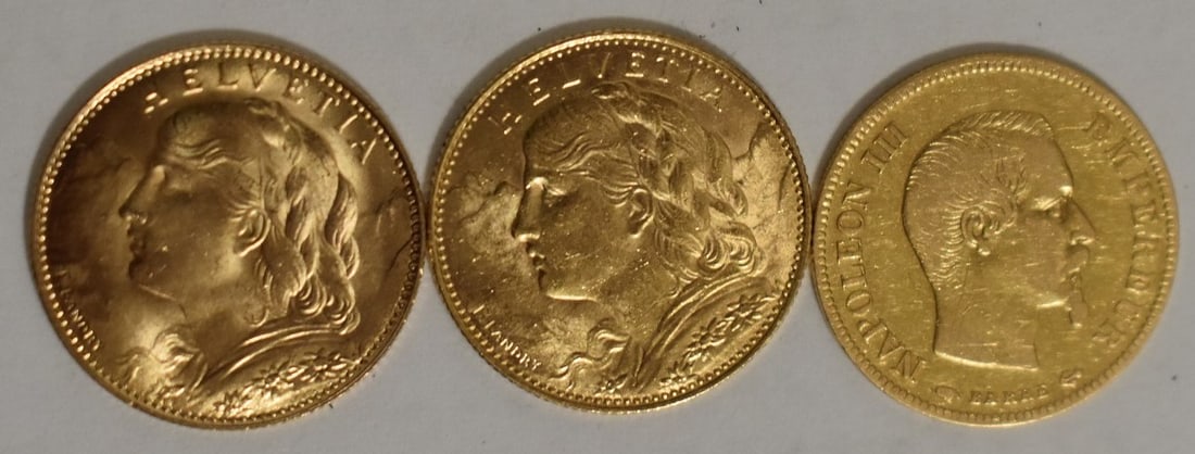 LOT (3) FRENCH GOLD COINS, 1855, 1913, 1922 (1 of 5)