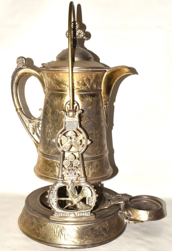 VICTORIAN SILVERPLATE HOT WATER PITCHER ON STAND (1 of 11)