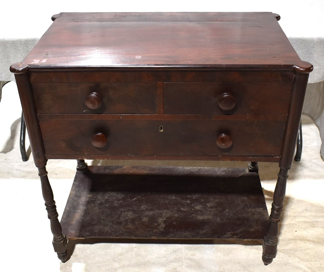 MAHOGANY 3 DRAWER WORK STAND, C. 1820, 34" X 35" X 21" (1 of 8)