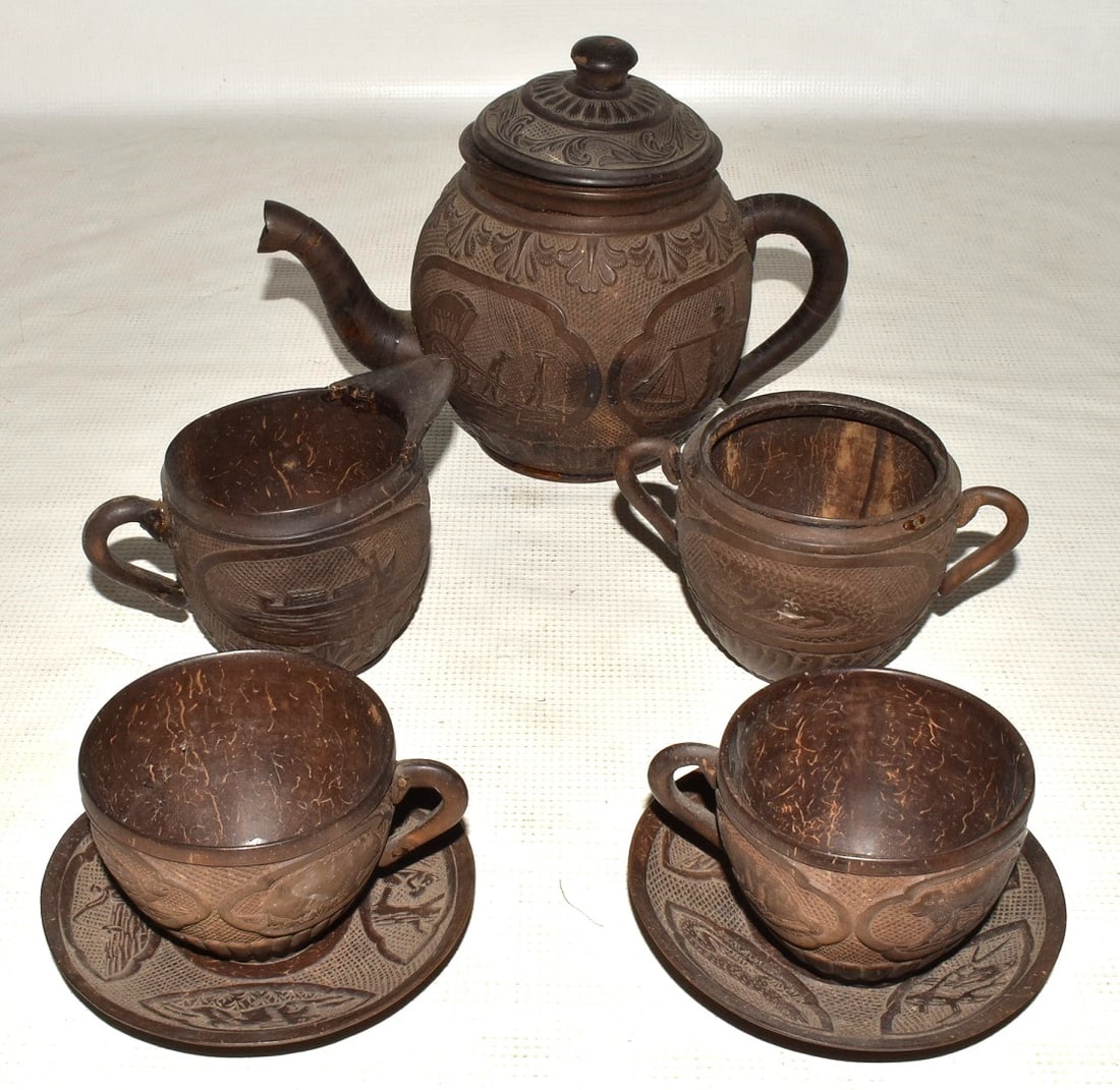 SET CARVED COCONUT SHELL TEA SET. 19/20TH C. (1 of 16)