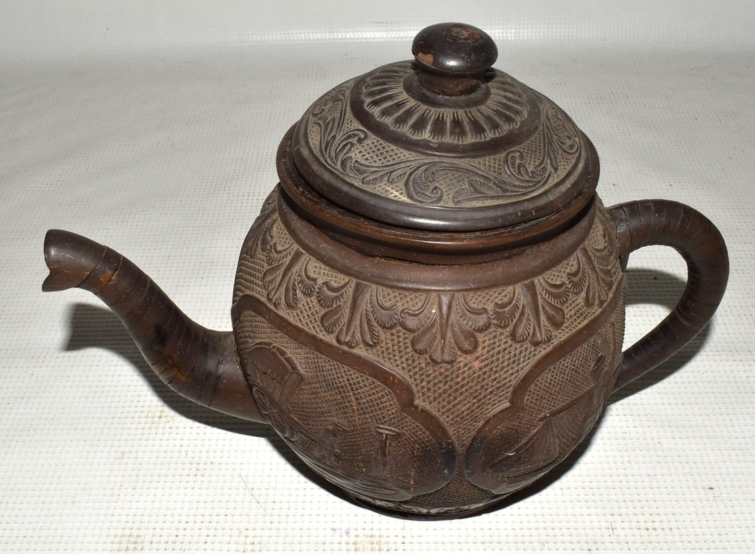 SET CARVED COCONUT SHELL TEA SET. 19/20TH C. - 3