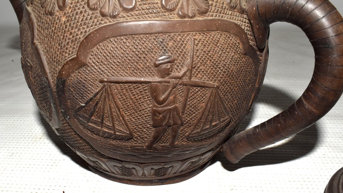SET CARVED COCONUT SHELL TEA SET. 19/20TH C. - 5