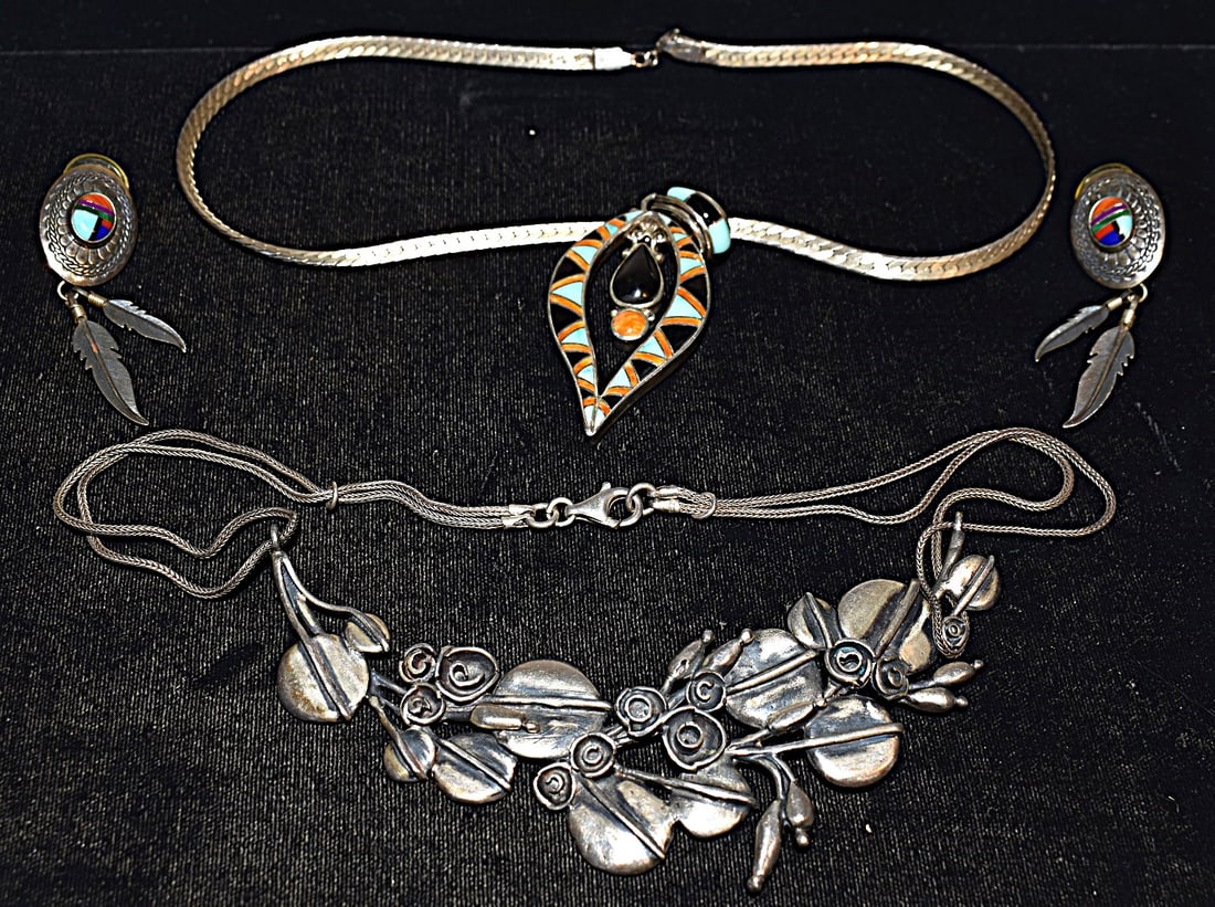 ASST VINTAGE STERLING NECKLACES, EARRINGS, W. 3.5 OZ. (1 of 5)