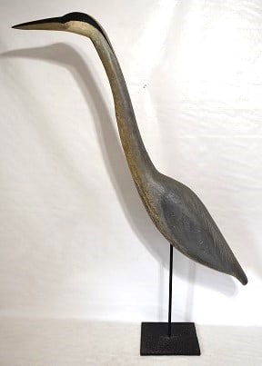 EXCEPTIONAL FOLK ART CARVED/PAINTED GREAT BLUE HERRING: EXCEPTIONAL FOLK ART CARVED/PAINTED GREAT BLUE HERRING (CONFIDENCE DECOY) SIGNED A.J.D. (ANDREW J. DOWNING) 1944-2016, C. 1960/70, H. 44"