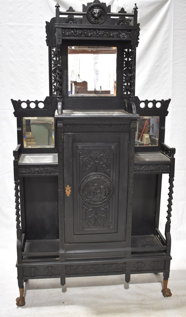VICTORIAN EBONIZED CARVED ETAGERE, 19TH C. (1 of 9)