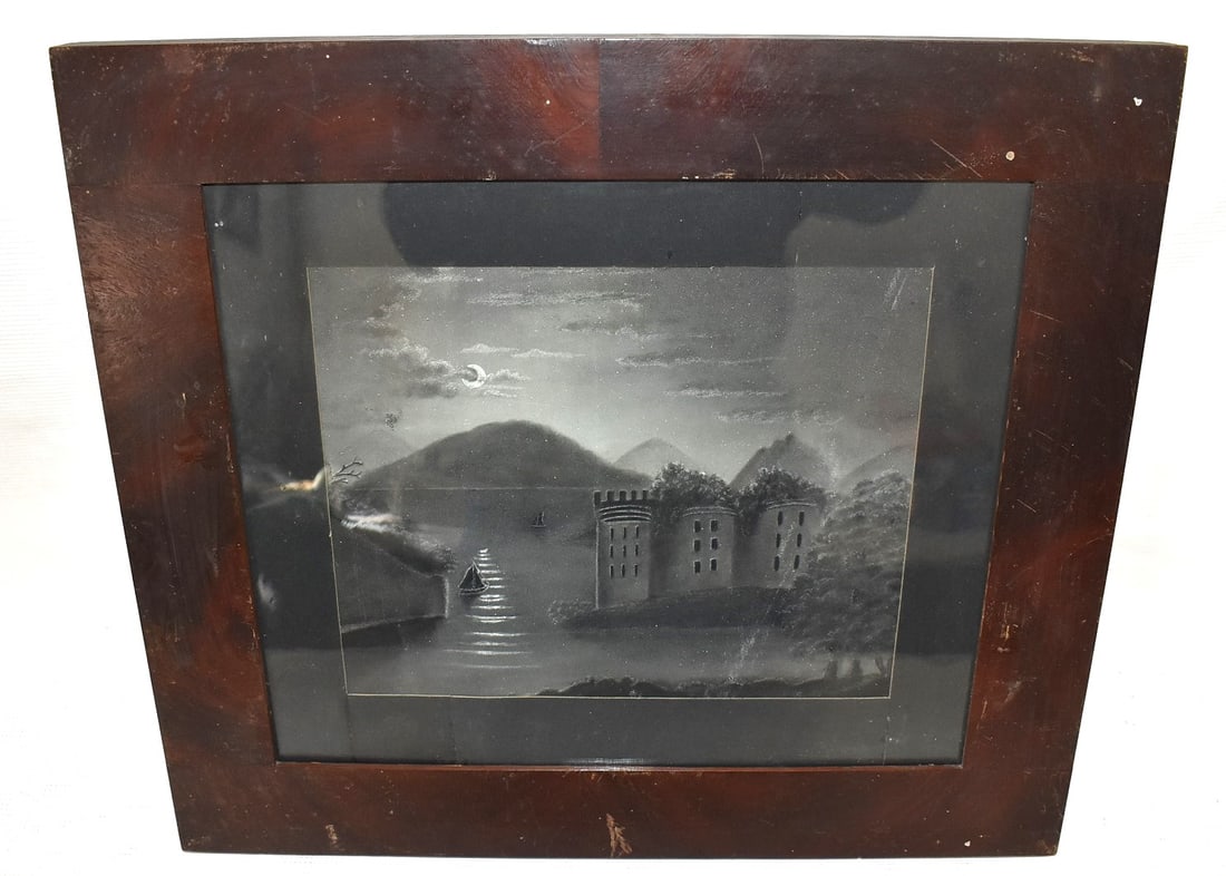 COUNTRY CHALK LANDSCAPE SANDPAPER PAINTING, 19TH C. (1 of 5)