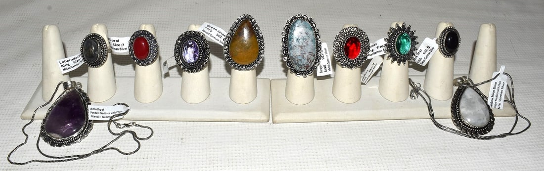 (10) SW STYLE GERMAN SILVER/HARDSTONE RINGS/PENDANTS: LOT (10) SOUTHWEST STYLE GERMAN SILVER/HARDSTONE RINGS/PENDANTS, 20TH C., RING SZ. 6-8, CHAIN L. 18" & 20"