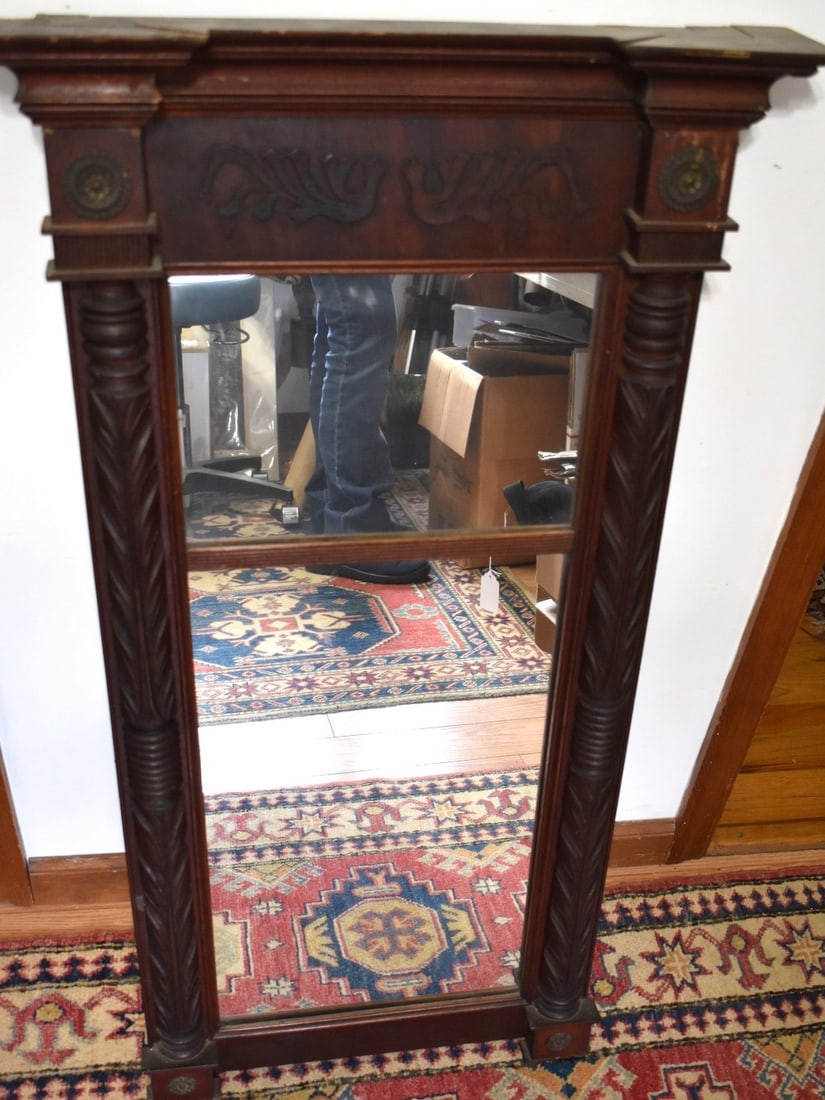 SHERATON CARVED MAHOGANY TWO PART MIRROR, C. 1820 (1 of 3)