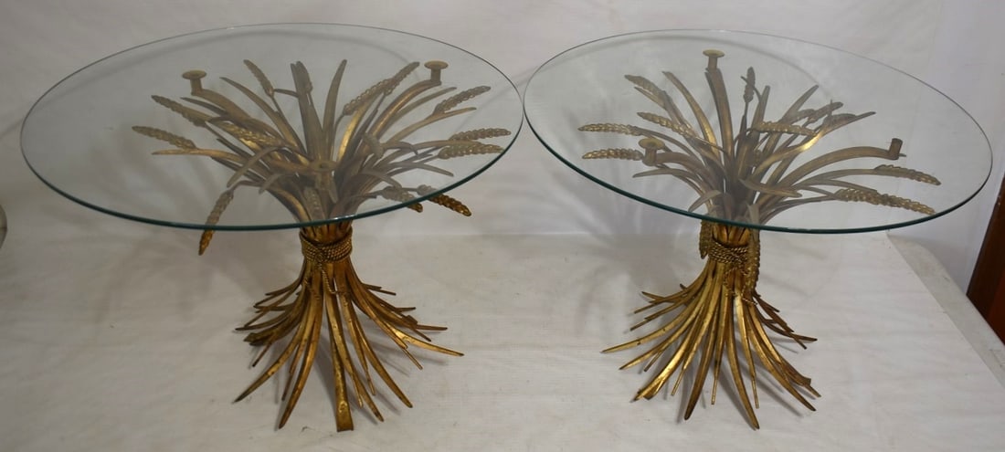 PAIR MCM GILT WHEAT END TABLES W/GLASS TOPS, C. 1960 (1 of 4)