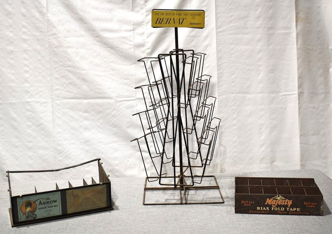 3 VINT. ADVERTISING INCL. ARROW HUMAN HAIR NET CASE++: LOT (3) VINTAGE ADVERTISING INCL. ARROW HUMAN HAIR NET CASE, C. 1900, H. 7" W. 16"; COUNTER TOP COMIC STAND, C. 1950, H. 32" W. 20"