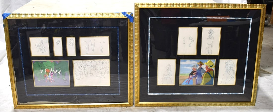 LOT (2) VINTAGE DISNEY TYPE CELLS/DRAWINGS, C. 1973: LOT (2) VINTAGE DISNEY TYPE CELLS/DRAWINGS, C. 1973, 30" X 39"