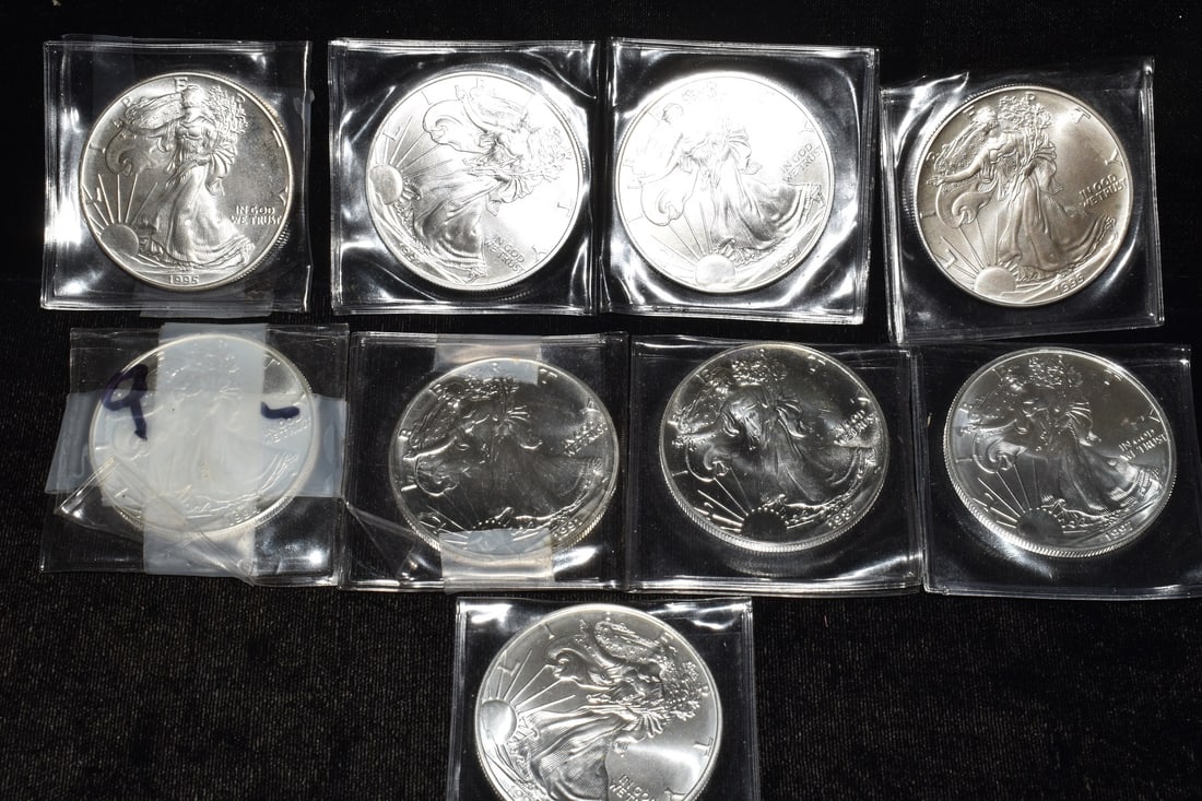 LOT (9) U.S. SILVER EAGLES 9 OZ 999 FINE MIXED DATES: LOT (9) U.S. SILVER EAGLES 9 OZ 999 FINE MIXED DATES