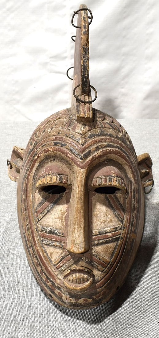 AFRICAN CARVED PAINTED TRIBAL MASK W/HEAD PIECE, 19TH C (1 of 7)