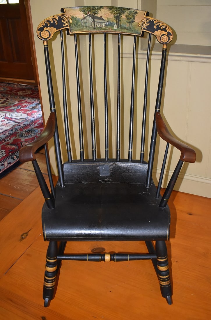 BOSTON MASS. PINE ROCKER W/LANDSCAPE PAINTING HEADBOARD (1 of 6)