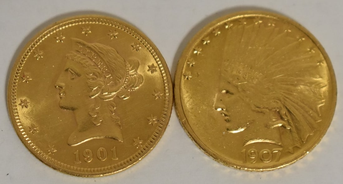 LOT(2) U.S. 10 DOL. GOLD COINS INCL. CORONET/INDIAN: LOT (2) U.S. 10 DOLLAR GOLD COINS INCLUDING CORONET/INDIAN 1901, 1907