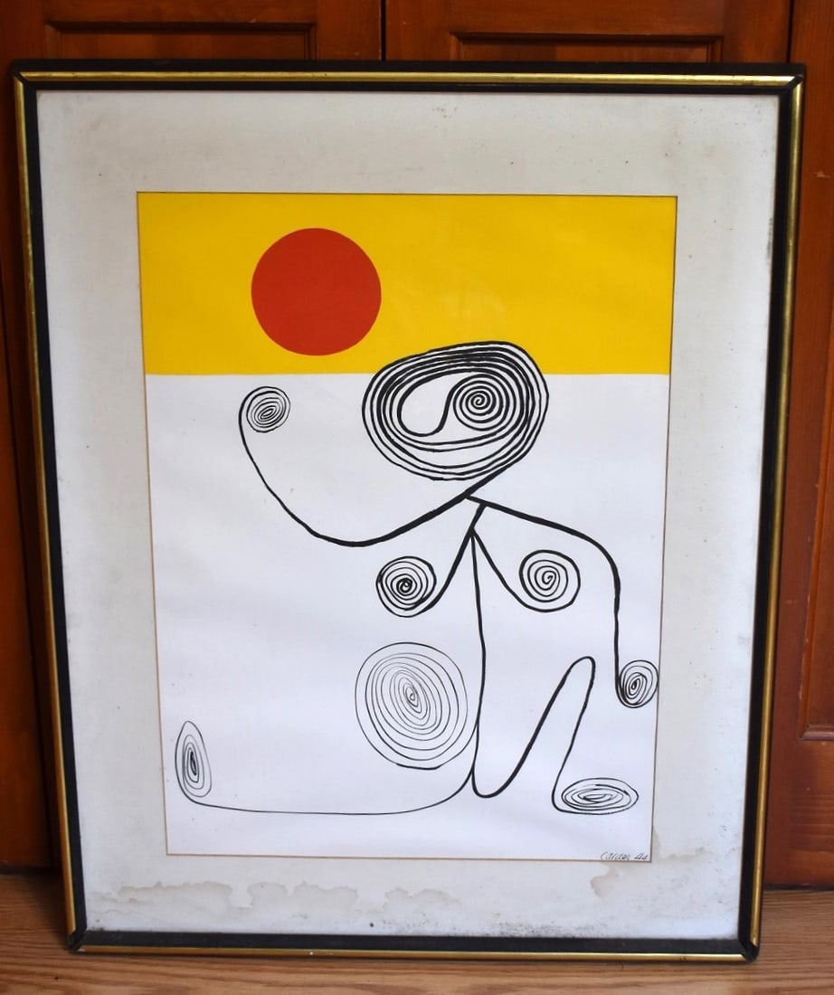 RARE OFF-SET LITHOGRAPH ABSTRACT S/CALDER (ALEXANDER: RARE OFF-SET LITHOGRAPH ABSTRACT SIGNED CALDER (ALEXANDER SANDY) 1898-1976 NEW YORK CITY, LAWTON, PA) BEARS GALLERY LABEL VERSO SIGHT 22" X 15", OVERALL 29" X 23"
