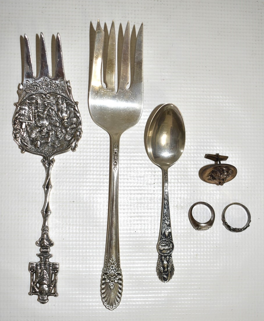 LOT ASSORT. STERLING INCL. RINGS/SILVERWARE, W. 7.4 OZ. (1 of 20)
