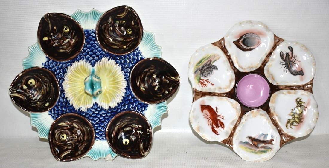 LOT (2) H/P VICTORIAN MAJOLICA PORCELAIN OYSTER PLATES: LOT (2) H/P VICTORIAN MAJOLICA PORCELAIN OYSTER PLATES, 19TH C., D. 1O 1/2"