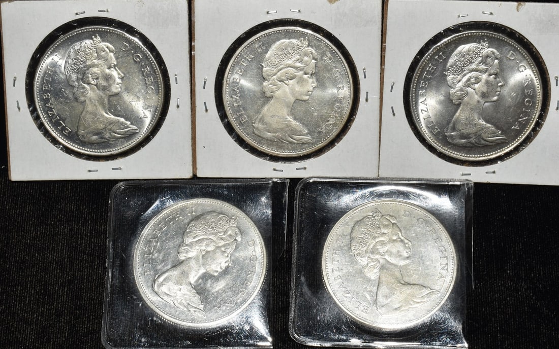 LOT (5) CANADIAN SILVER DOLLARS C.1965/66: LOT (5) CANADIAN SILVER DOLLARS C.1965/66