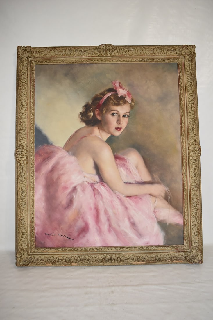 O/C BALLERINA IN PINK, SIGNED PAL FRIED: O/C BALLERINA IN PINK, SIGNED PAL FRIED (1893-1976 BUDAPEST, NYC) C. 1940/50, SIGHT 26 1/2" X 20 1/2", OVERALL 35 1/2" X 30"