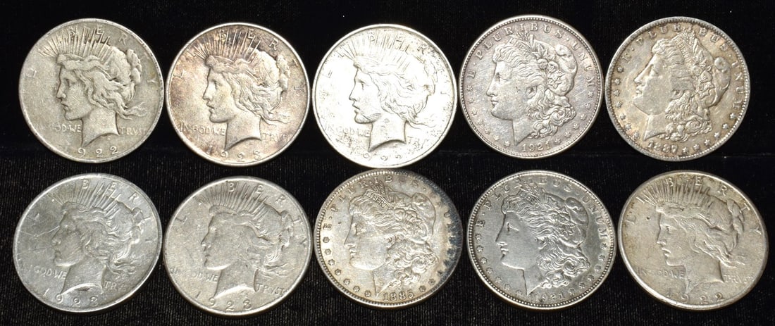 LOT (10) U.S. MORGAN/PEACE SILVER DOLLARS MIXED DATES: LOT (10) U.S. MORGAN/PEACE SILVER DOLLARS MIXED DATES