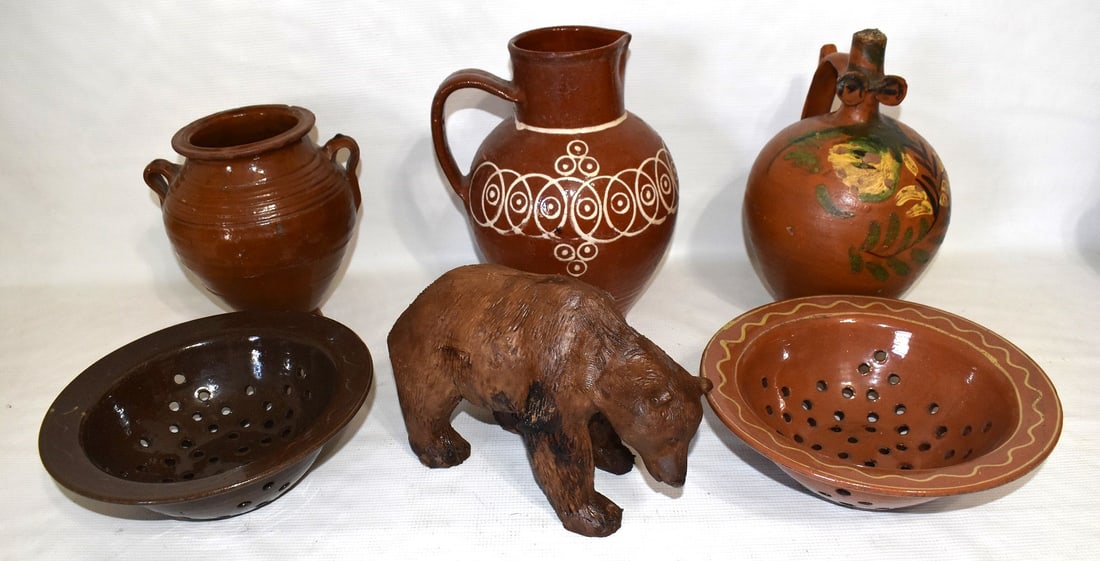 LOT (6) ASSORTED CONTINENTAL REDWARE INCL. SLIP DECOR. (1 of 20)