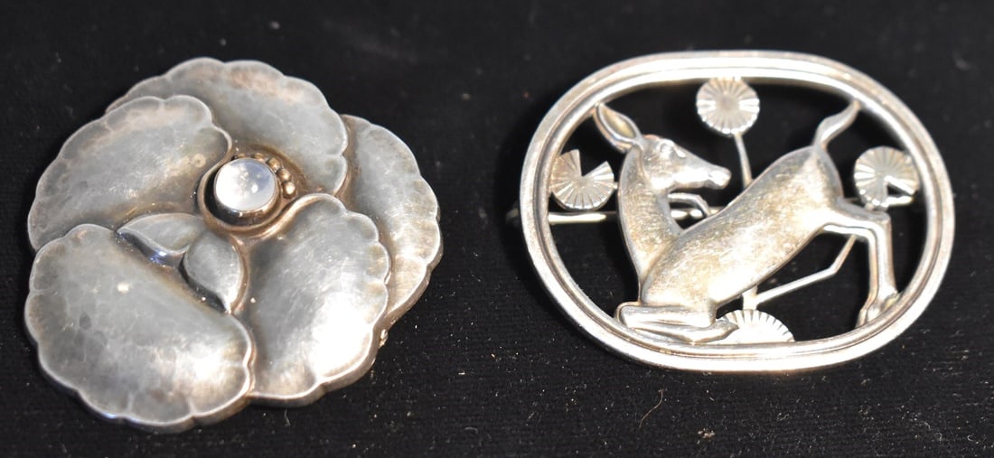 LOT (2) GEORG JENSON STER. FLOR./M/STONE & DEER BROOCH: LOT (2) GEORG JENSON STERLING FLORAL/MOONSTONE & KNEELING DEER BROOCHES, C. 1940/50, WIDTH 1 3/4"