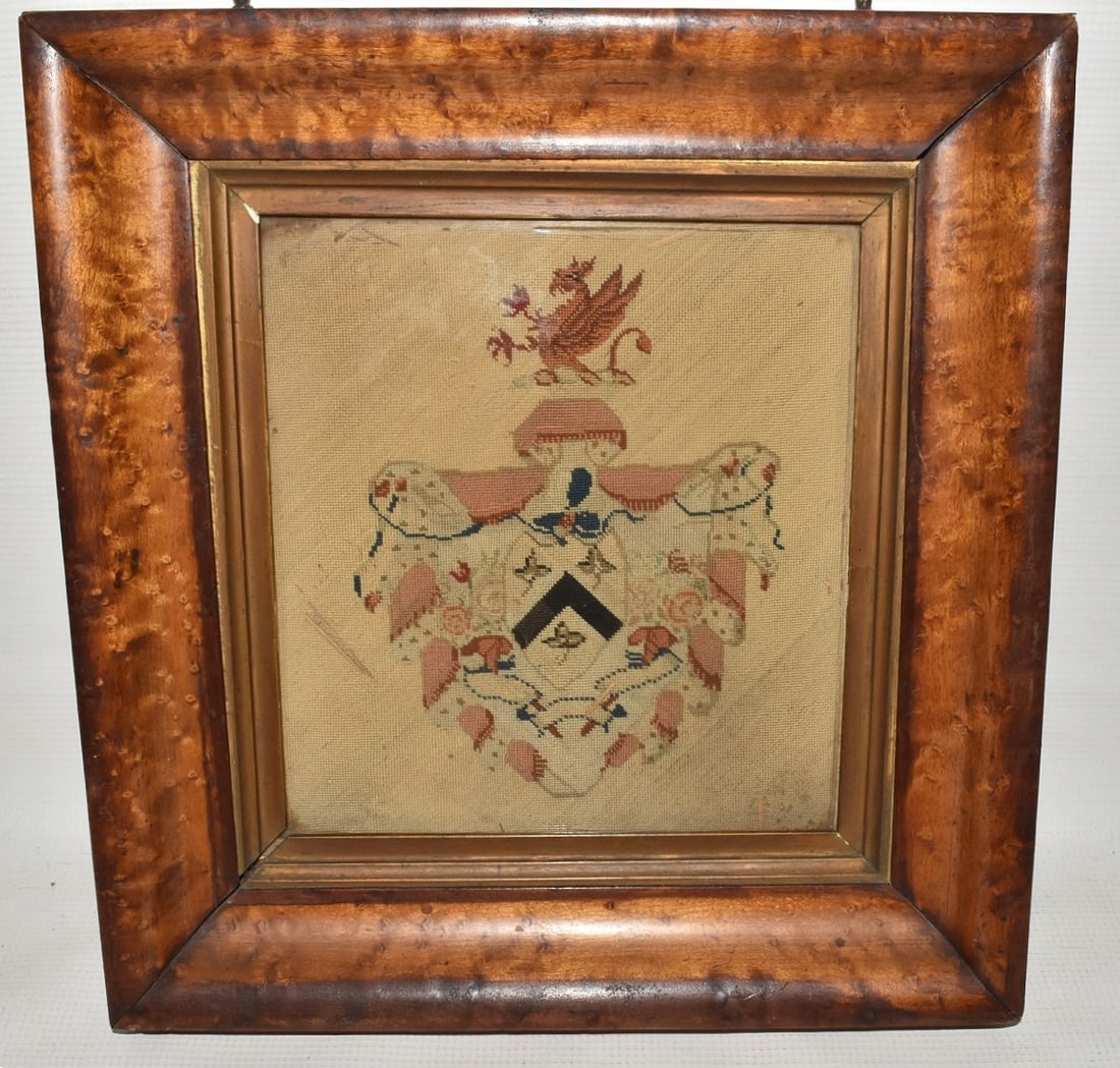 FOLK ART PETIT POINT SCOTTISH COAT OF ARMS, 18/19TH C.: FOLK ART PETIT POINT SCOTTISH COAT OF ARMS, 18/19TH C., 13" X 12 1/2"