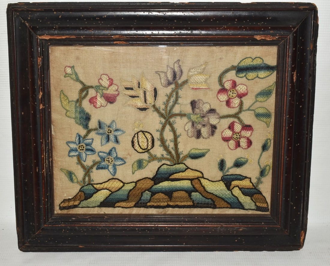 FOLK ART FLORAL NEEDLEPOINT, 18/19TH, 12" X 15" OVERALL (1 of 5)