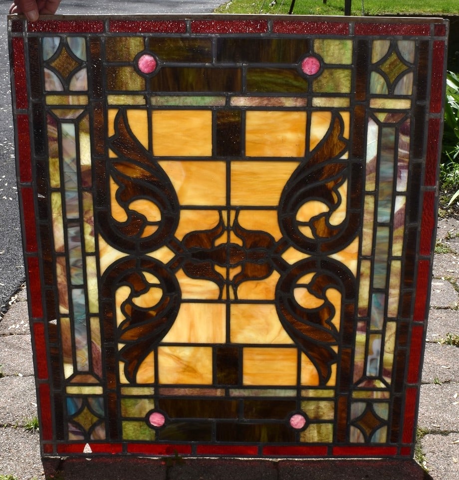 VICTORIAN LEADED GLASS WINDOW, 19TH C., 35" X31" (1 of 6)