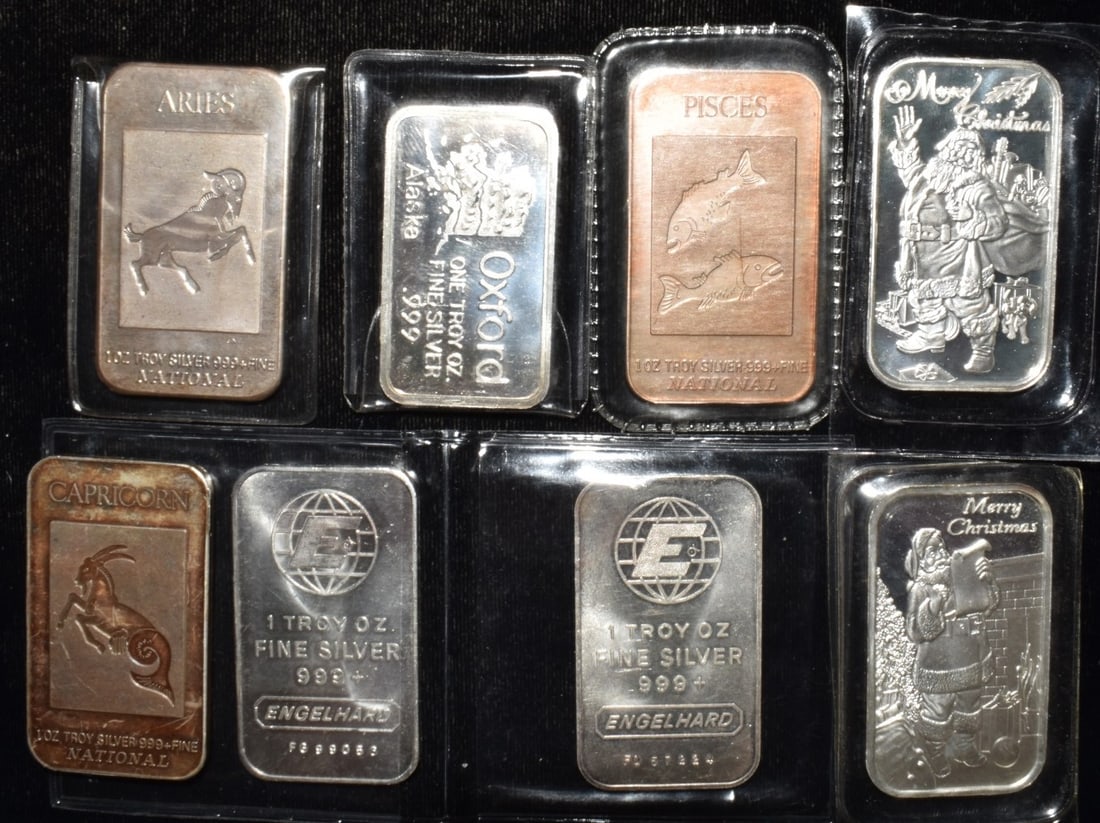 LOT (8) INCLUDES ENGELHARD SILVER 1 OZ INGOTS (1 of 2)