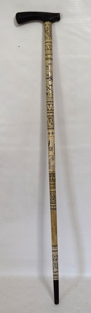 FOLK ART SCRIMSHAW WHALE BONE WALKING STICK/CANE (1 of 7)
