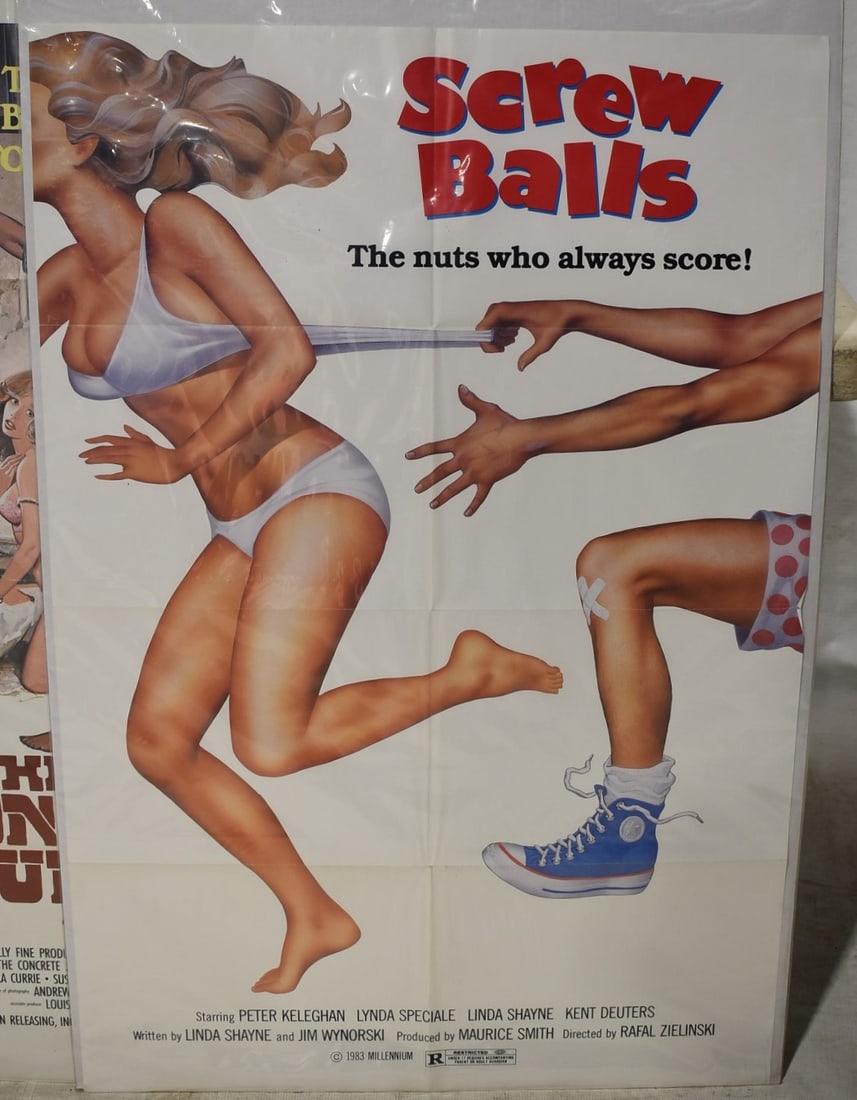 5 VINT MOVIE POSTERS INCL. SCREW BALLS, SORCERESS, ETC.: LOT (5) VINTAGE MOVIE POSTERS INCL. SCREW BALLS, SORCERESS, ETC., C. 1980'S, 42" X 27"