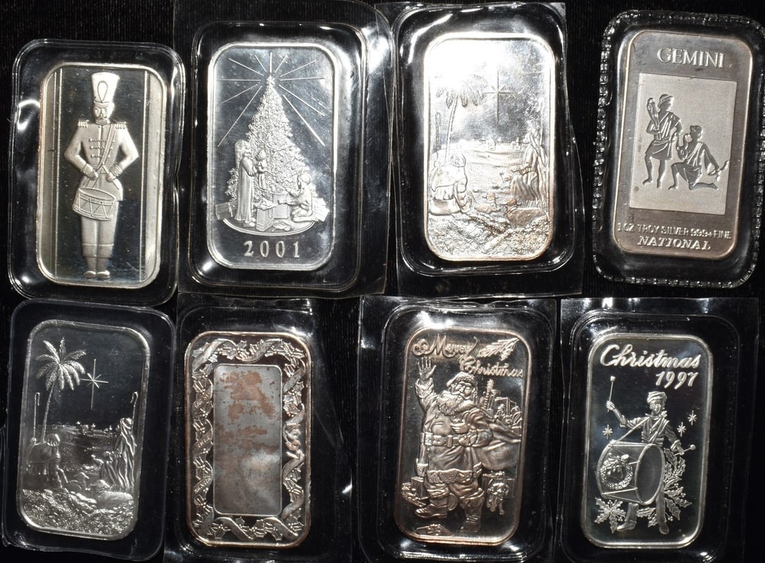 LOT (8) INCLUDES FRANKLIN MINT SILVER 1 OZ INGOTS (1 of 2)