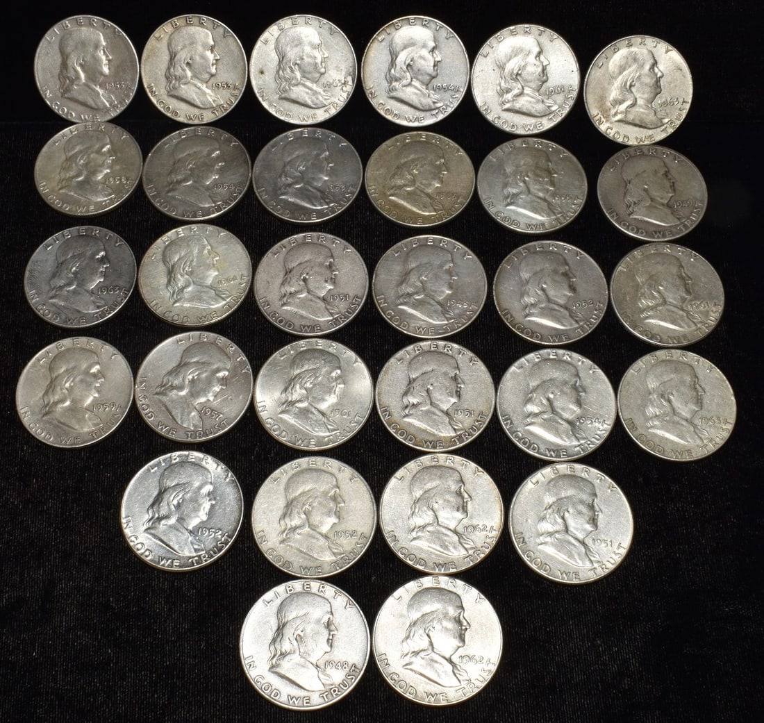 LOT (30) U.S. FRANKLIN SILVER HALF DOLLARS (1 of 2)