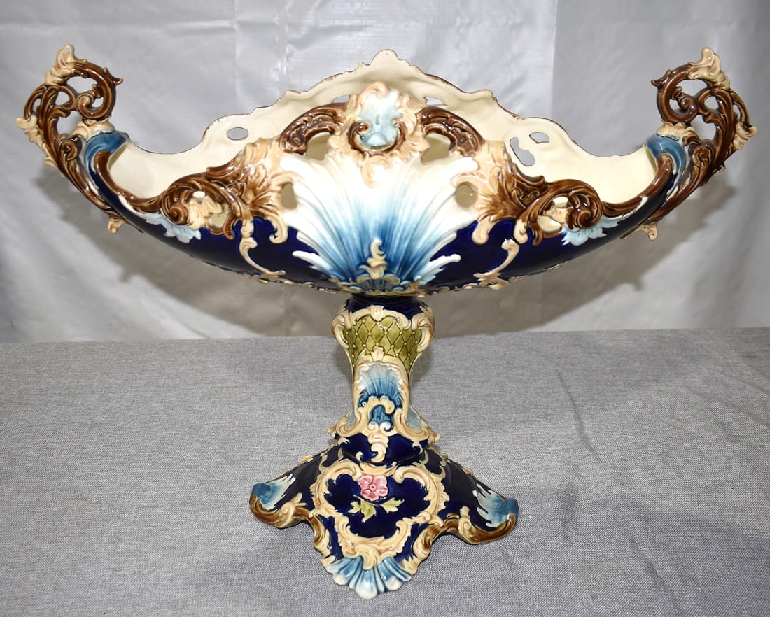FRENCH MAJOLICA VASE CENTERPIECE 19TH C., H. 16" W. 22" (1 of 11)