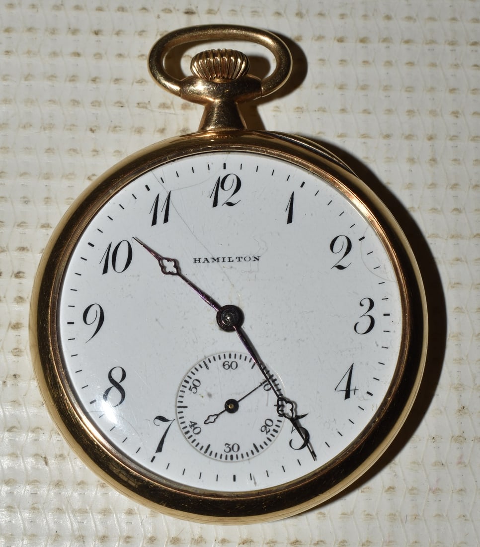 HAMILTON 14K YELLOW GOLD O/F POCKET WATCH 20TH C. SZ 14 (1 of 7)